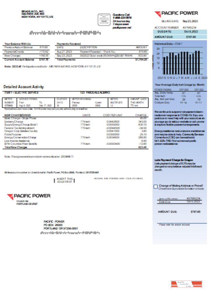 Pacific Power  utility business bill, page 1, SCR PSD template